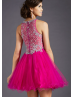 Fuchsia Tulle Beaded Halter Knee Length Prom Dress 